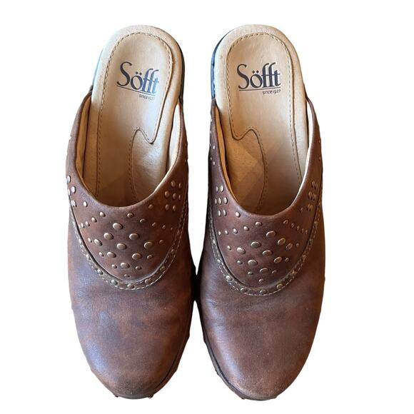Sofft Clogs Mules Size 6.5 Brown Leather Studded Heels Comfort Slip On Boho - Picture 5 of 6